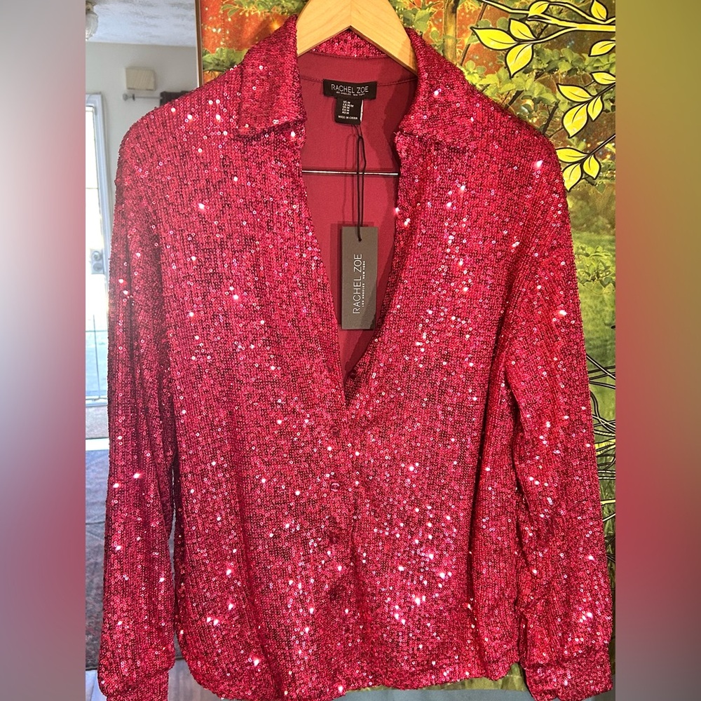 SALE✈️ Rachel Zoe Women's Fuchsia Sequin Button Down Top -New With Tag’s